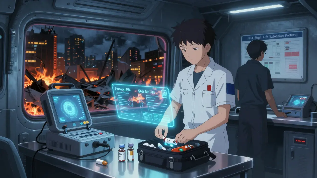 EMTs scan expired meds with handheld device in van, holographic potency readouts glowing in dark interior.