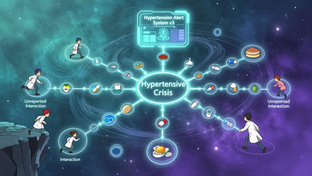 Floating medical mind-map showing drug interactions, doctors on pathways, AI system glowing above cosmic background.