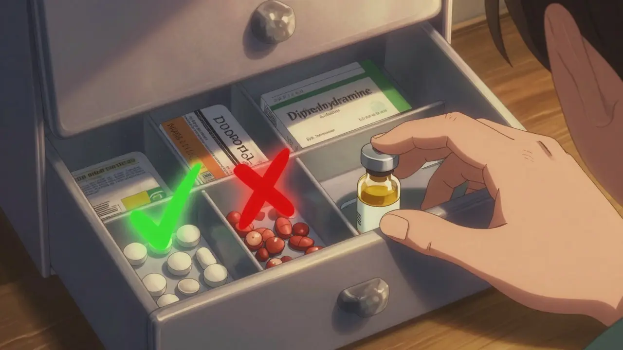 Home medicine cabinet with expired insulin and safe pain relievers, dim light casting shadows.