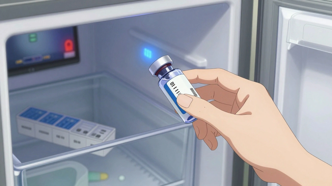 Insulin being placed in a refrigerator with a digital stability indicator glowing softly.