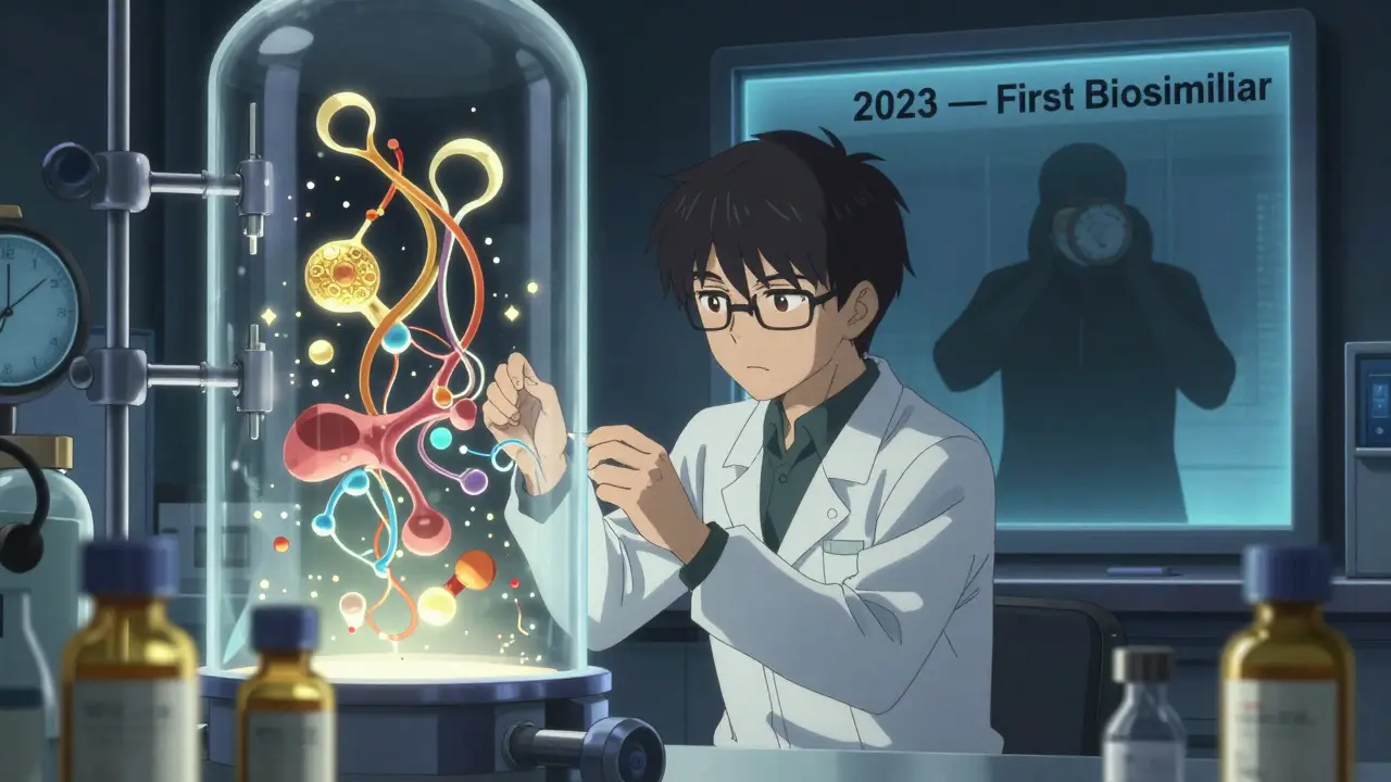 Lab technician trying to replicate a glowing biologic drug as corporate figure observes from behind glass.
