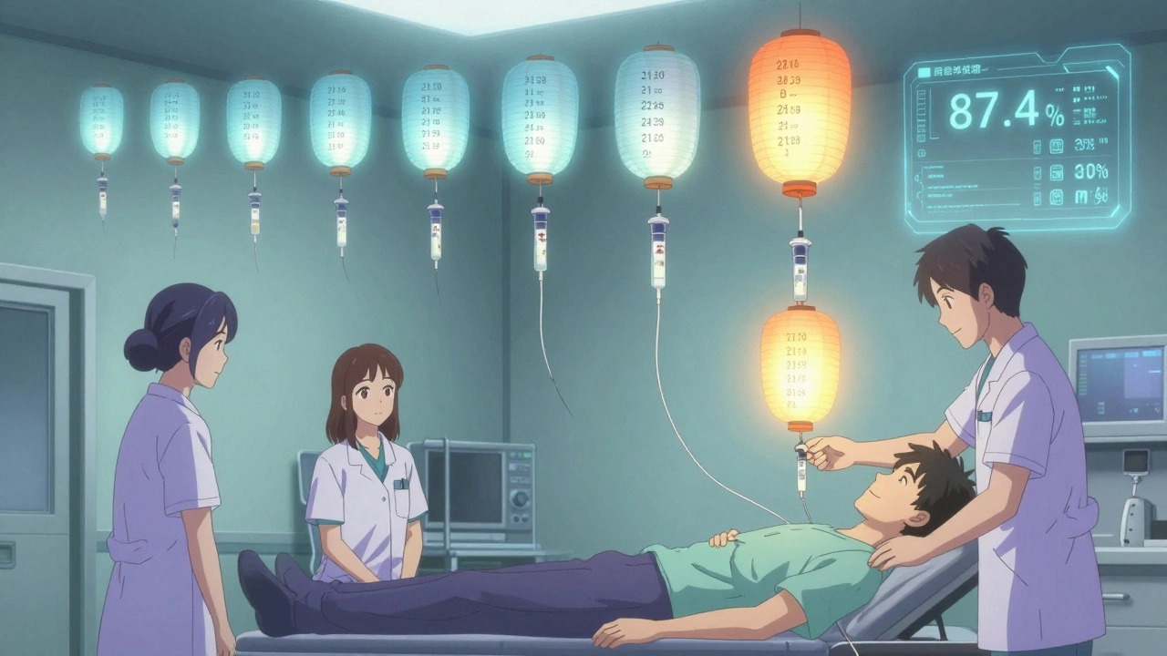 Medical team performing desensitization with floating dosage steps and AI risk score displayed in the air.