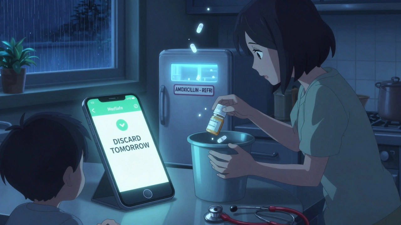 Mother discarding expired antibiotic as phone reminds her of discard date.