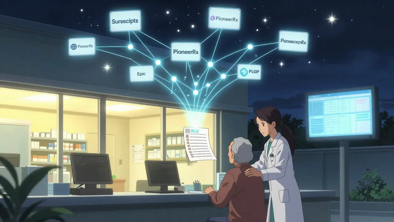Nighttime pharmacy with data network above counter connecting to distant clinic.