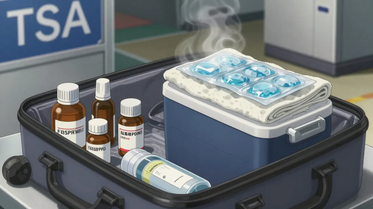 Open carry-on bag with labeled medication bottles, insulated cooler, and sharps container on security bin