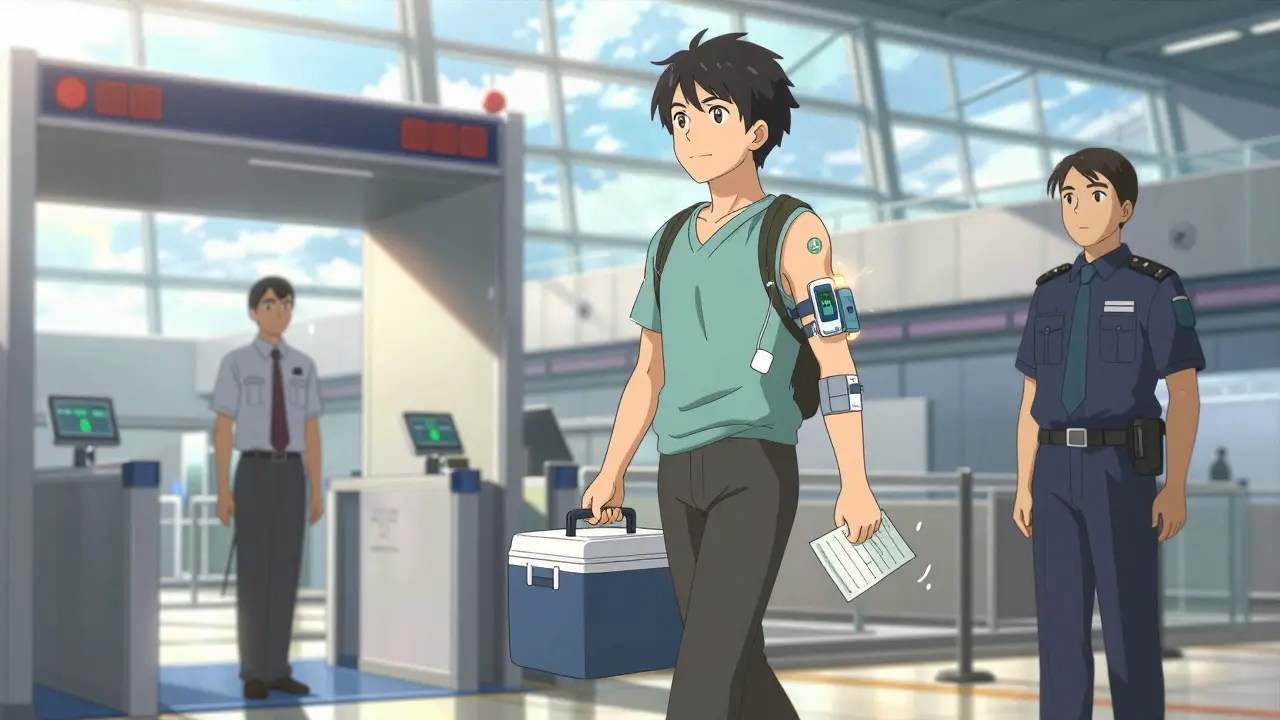 Passenger with insulin pump walking through airport security as TSA officer nods in approval