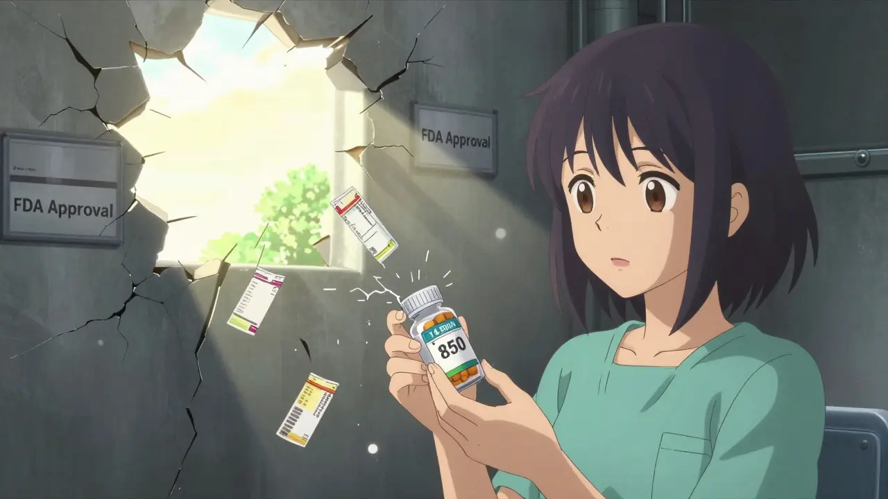 Patient beside shattered brand-name bottle and cheap generic pills, sunlight breaking through patent walls.