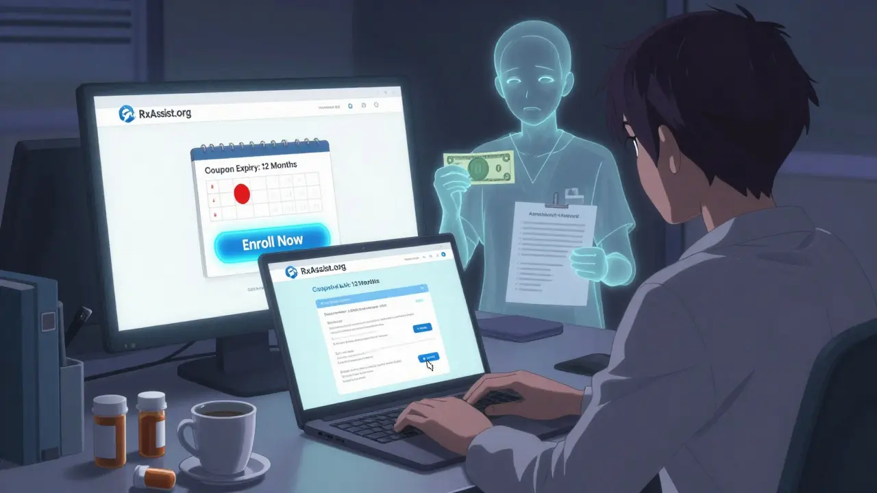 Patient enrolling in a savings program on a laptop at night, calendar showing coupon expiry, ghost future self holding a <h2>Real Stories, Real Savings</h2> bill.