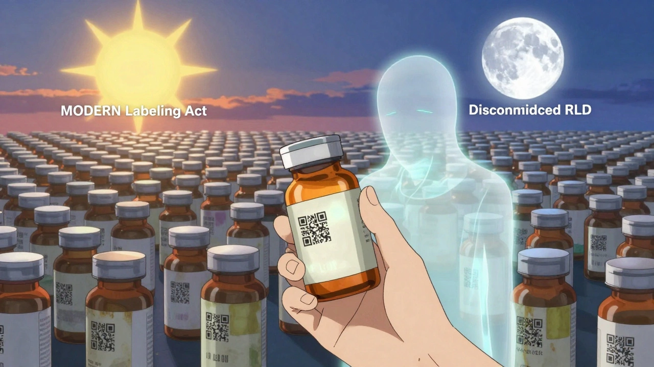 Patient holding generic medication with glowing QR code, behind them a sea of outdated labels.