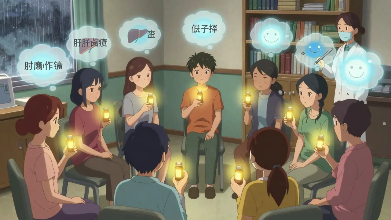 Patients in a circle as their fears turn to peace under a pharmacist’s guidance.