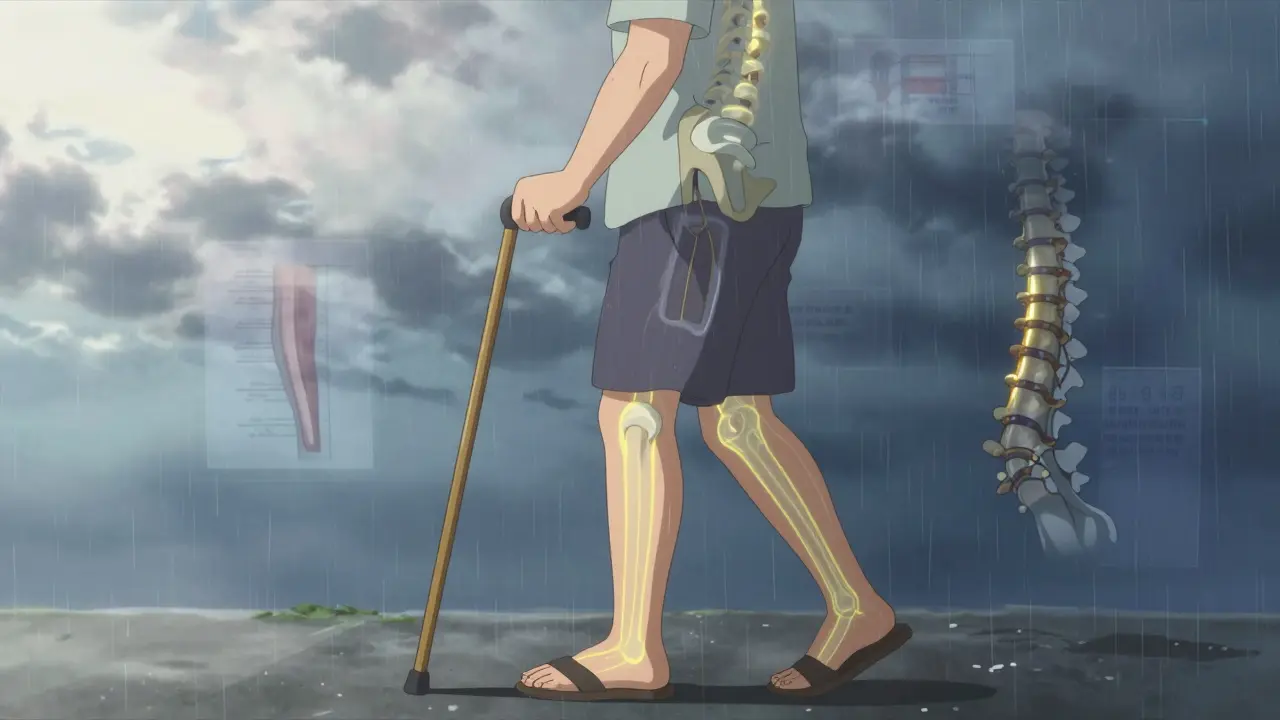 Person walking with cane, nerves pulsing, spine fused and glowing