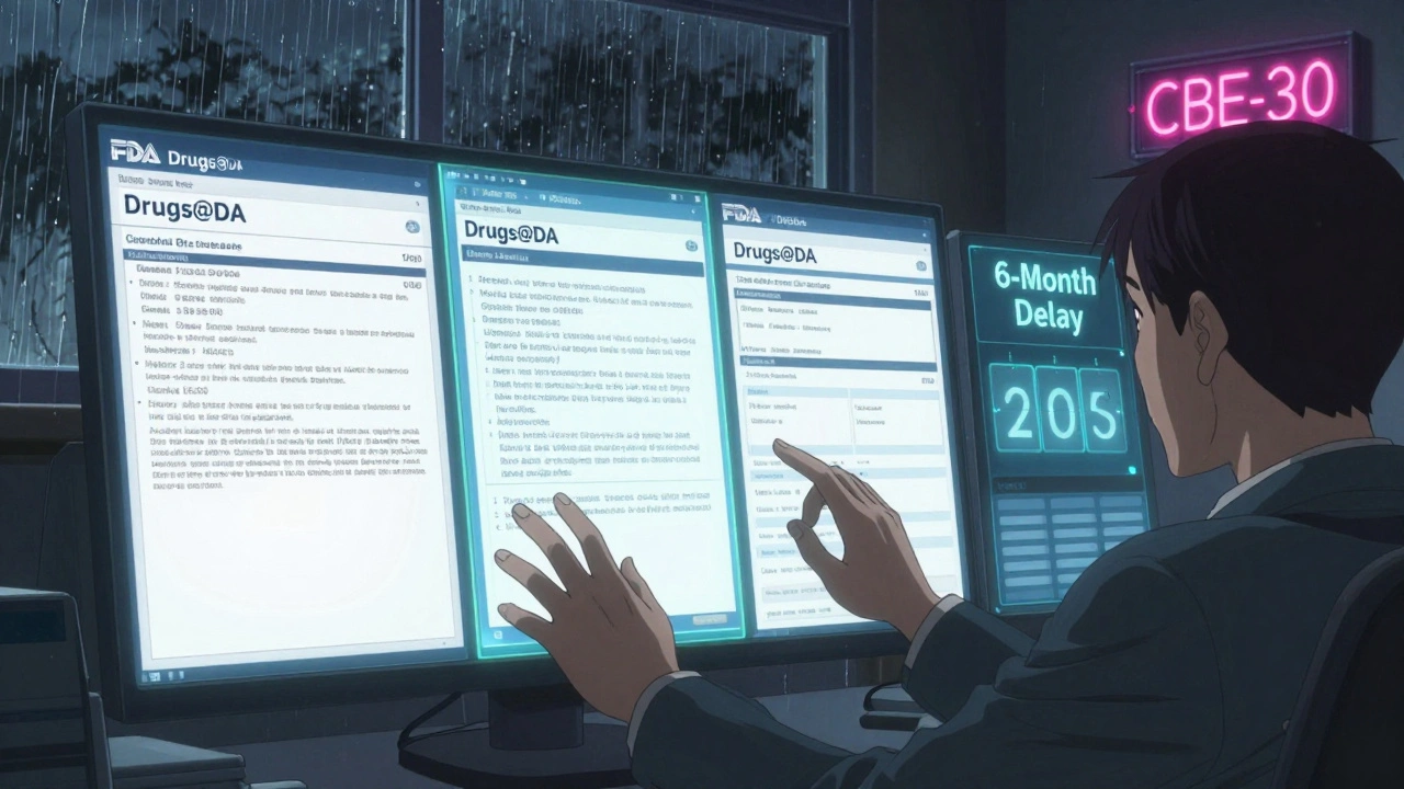 Regulatory specialist monitoring FDA label updates on holographic screens in a dim office.