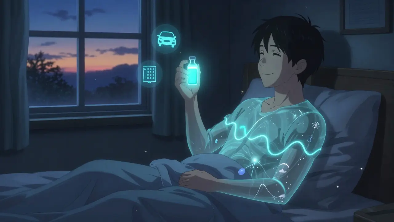 Someone taking sodium oxybate at night, glowing liquid revealing restored sleep cycles.