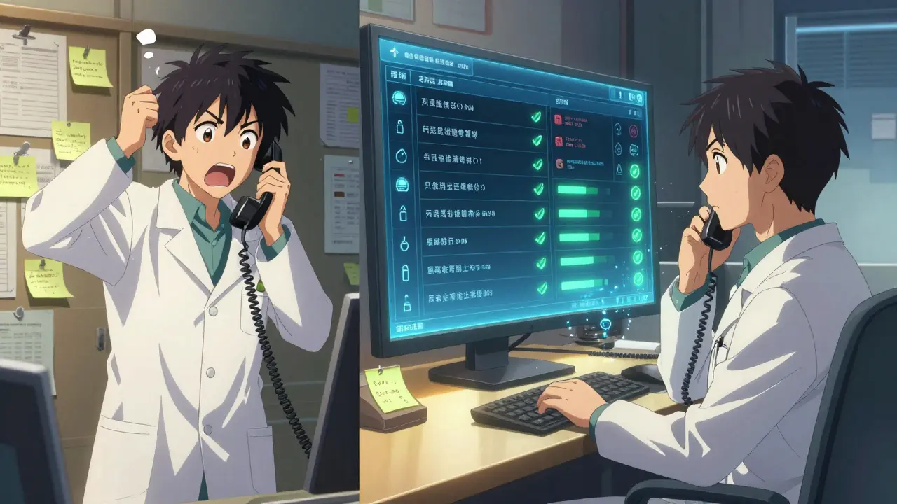 Split scene: chaotic phone call vs. calm digital EHR integration in pharmacy.