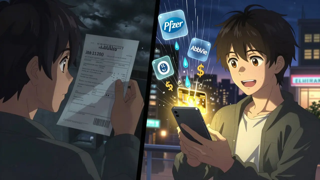 Split scene: person facing a high prescription bill versus smiling as a savings card activates with golden light.