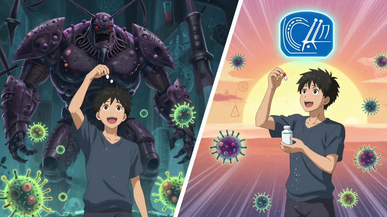 Split scene: stopping antibiotics creates superbugs; finishing the course destroys them.