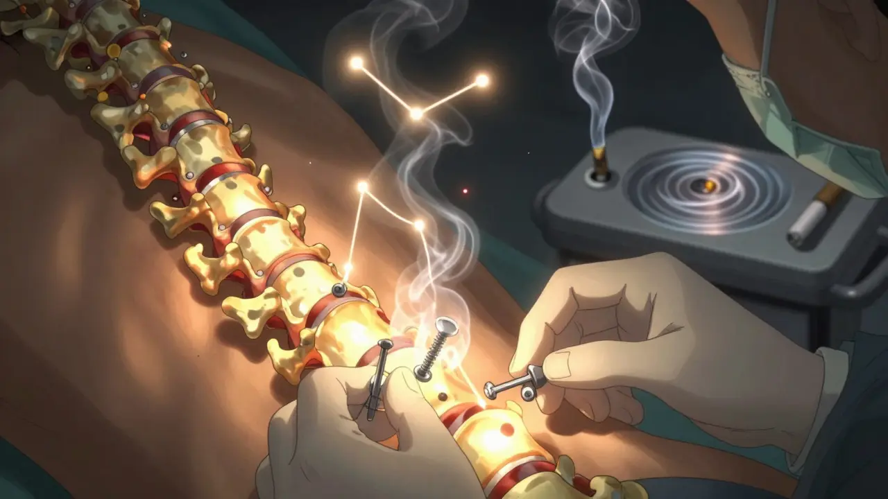 Surgeon's hands placing glowing bone graft during spinal fusion