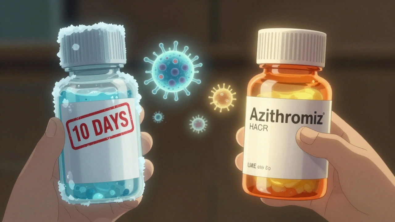 Two antibiotic bottles side by side, one chilled and one at room temperature, with bacteria icons.