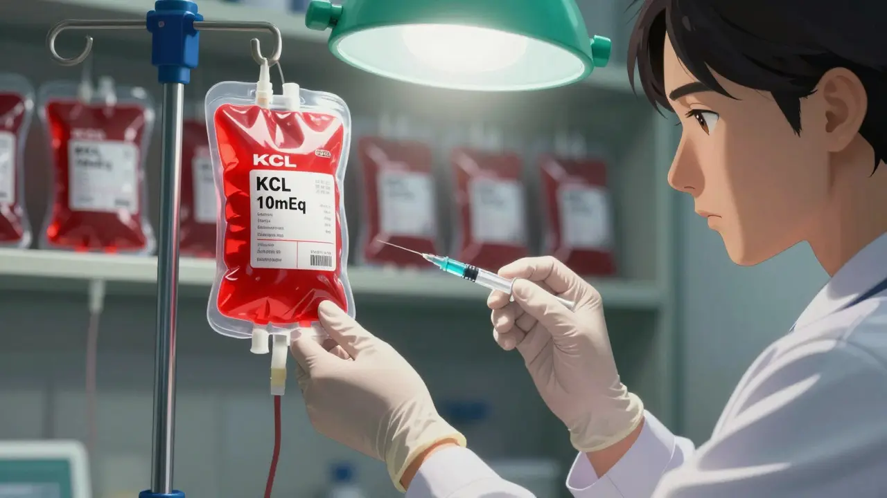 Two healthcare workers double-checking a bright red IV potassium bag under a sterile lamp.