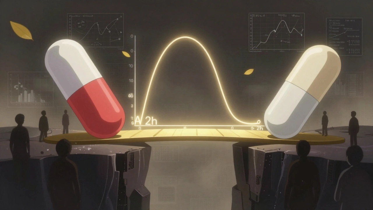 Two pills balanced on a scale above a chasm, connected by a golden pAUC time window bridge amid swirling data.