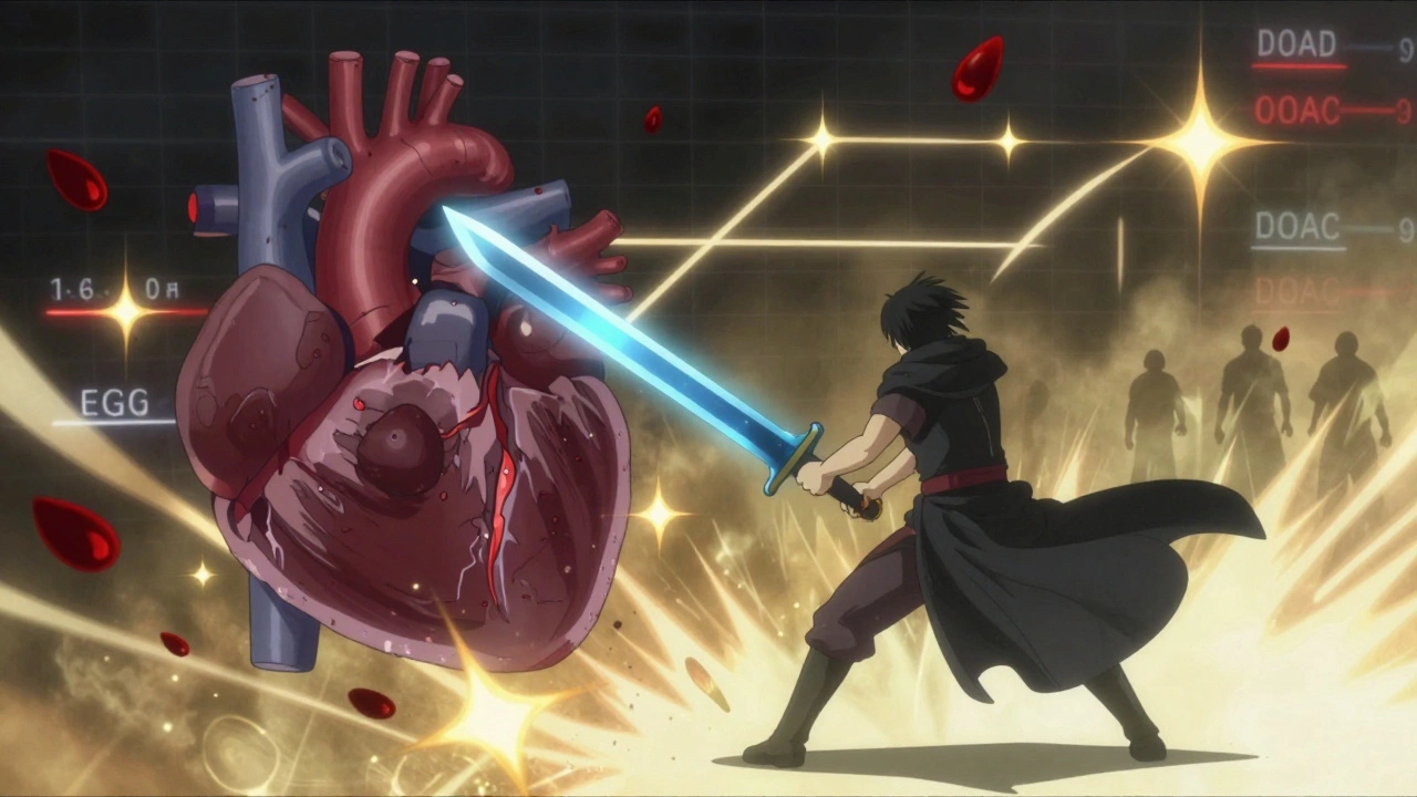 Warrior battling blood clots with apixaban blade as eGFR thresholds glow in background.