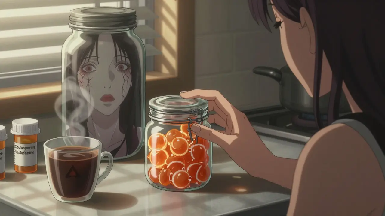 Woman's hand reaching for licorice beside prescription bottles, ghostly reflection showing warning signs of hypertension.