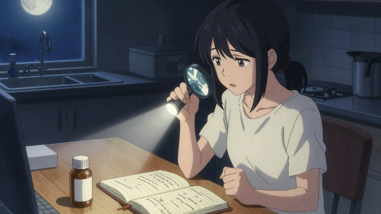 Woman using magnifying glass at night to verify medication label with notebook nearby.
