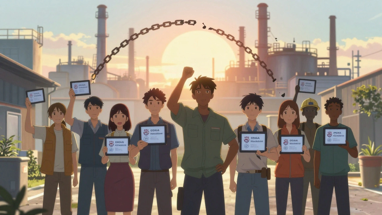 Workers stand together in sunlight holding devices with OSHA information, chains breaking behind them.