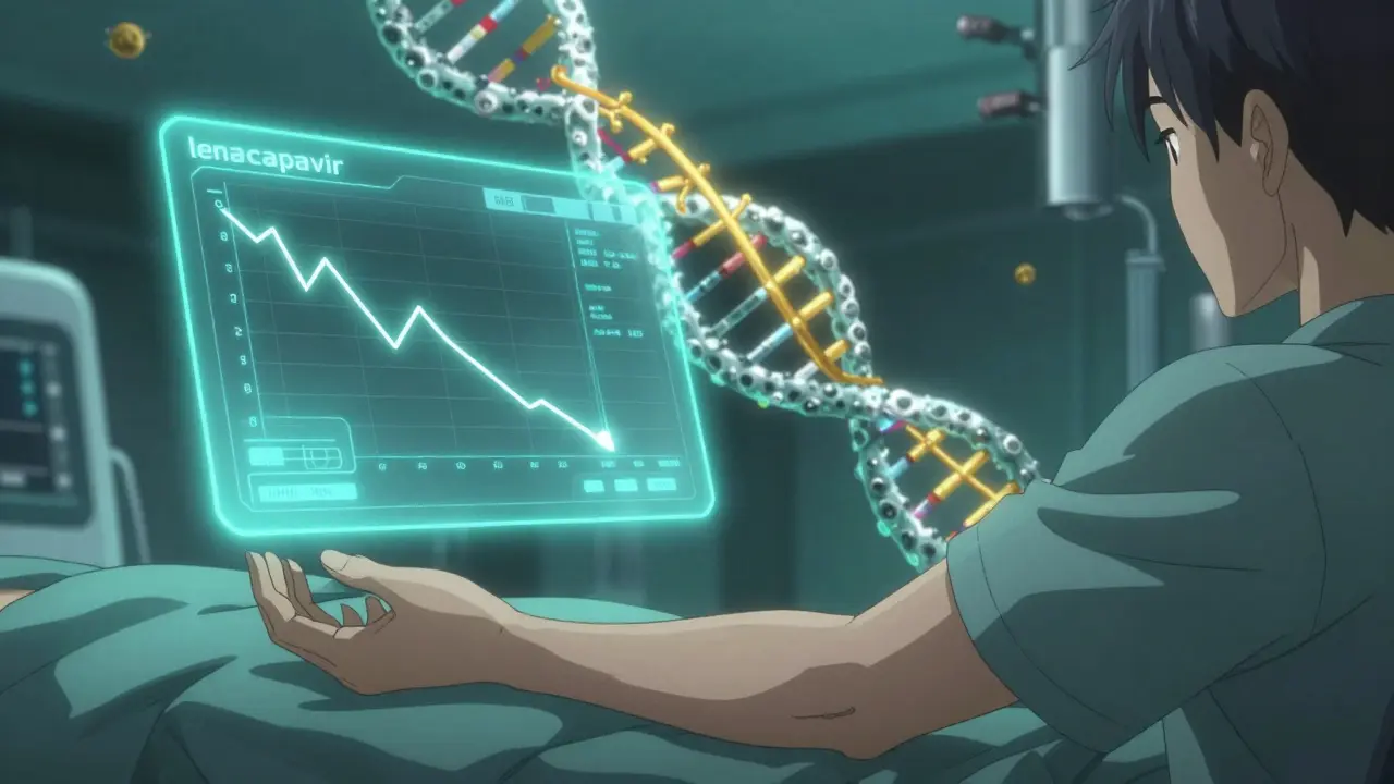 A futuristic medical interface showing viral load dropping to zero as a long-acting antiviral injection activates.