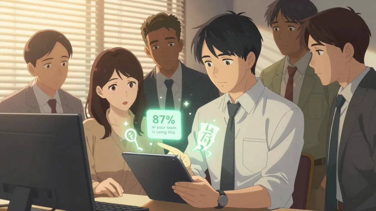 A group in a Thai office watches a tablet as glowing social proof notifications appear above them, signaling collective approval.