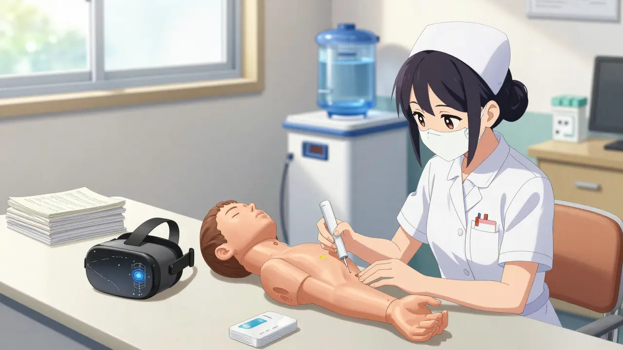 A patient learning self-needling during home dialysis training with a nurse, VR headset nearby and supplies organized in the background.