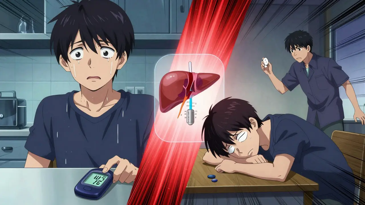 A patient sweating with low blood sugar on one side, unconscious on the other, with a liver blocking glucose release in between.