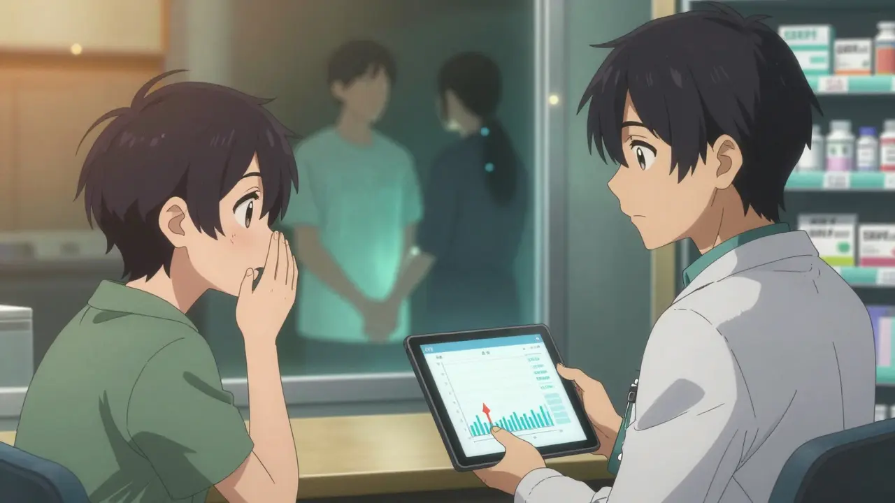 A patient talking to a doctor about sexual side effects of SSRIs, with visual metaphors of serotonin receptors and a pharmacy shelf in the background.