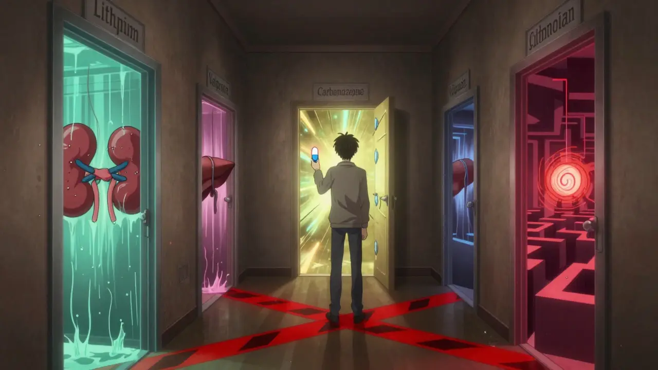 A person standing before three magical doors representing mood stabilizers, each revealing dangerous internal chaos.