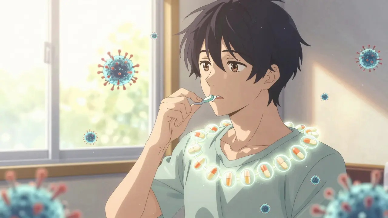 A person taking their daily antiviral pill with a protective barrier of glowing pills shielding them from virus shards.