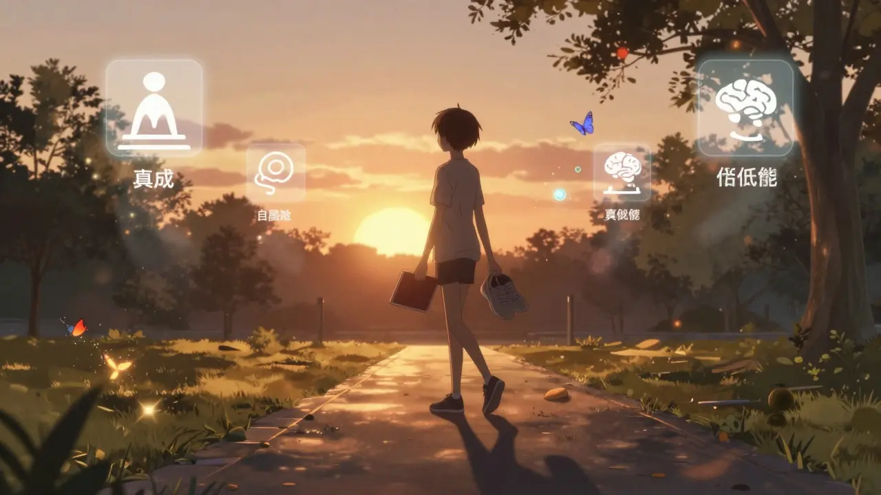 A person walking in a park at sunset, fading side effect icons dissolving around them as they hold running shoes and a journal, golden light ahead.