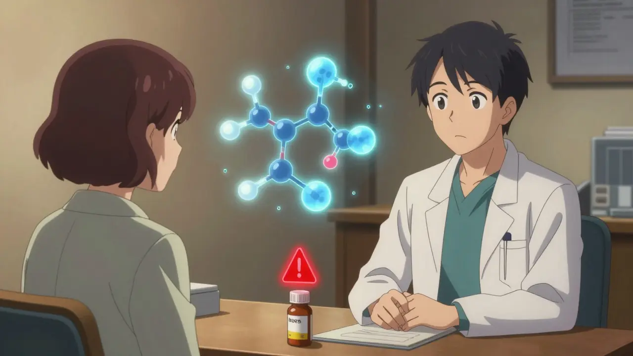 A psychiatrist and patient facing a glowing molecular animation of drug interactions in a consultation room.