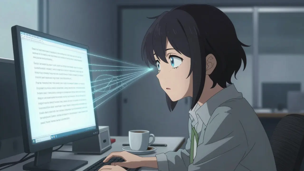 An adult seeing double text on a computer screen due to outward eye misalignment.