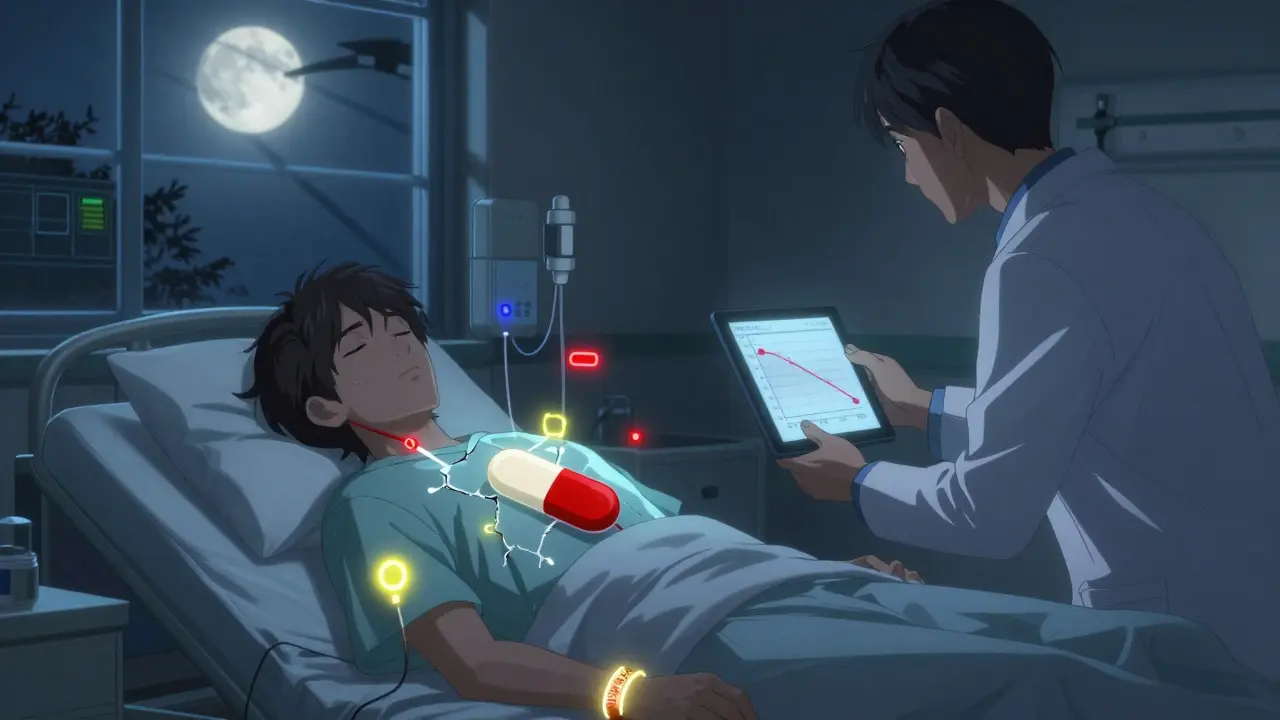 An unconscious diabetic patient in a hospital bed with glowing CGM alerts and a medical bracelet visible.