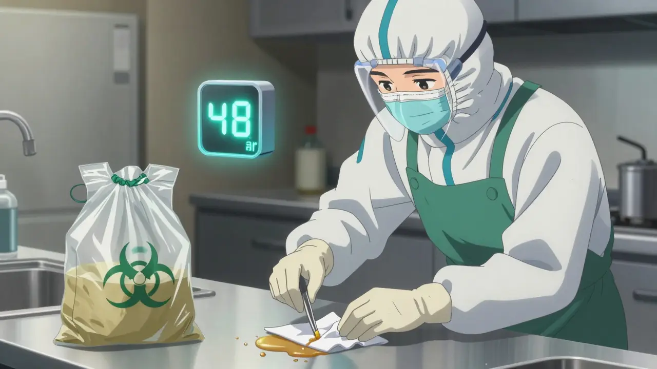 Caregiver in protective gear cleaning chemo spill with forceps and absorbent pads