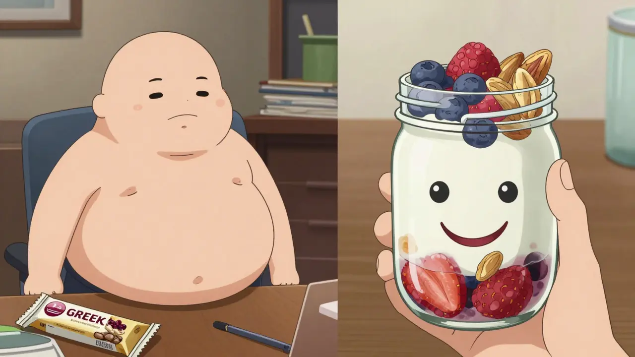 Contrast between unhealthy protein bar and healthy yogurt snack in mason jar.