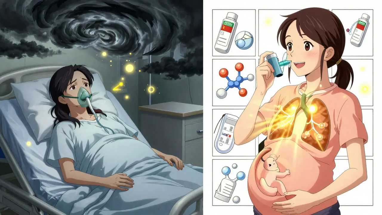 Contrasting scenes: pregnant woman struggling with asthma versus calm and safe with medication, medical symbols glowing.