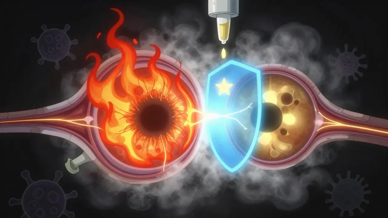 Cross-section of an eye showing different types of uveitis as colored energy layers with a steroid drop protecting the retina.