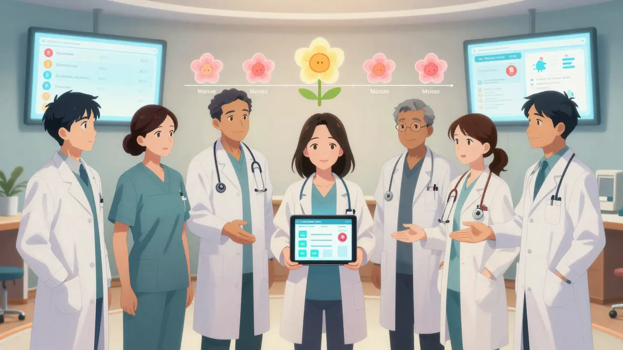 Diverse medical team consulting woman with digital preconception tool floating around them.