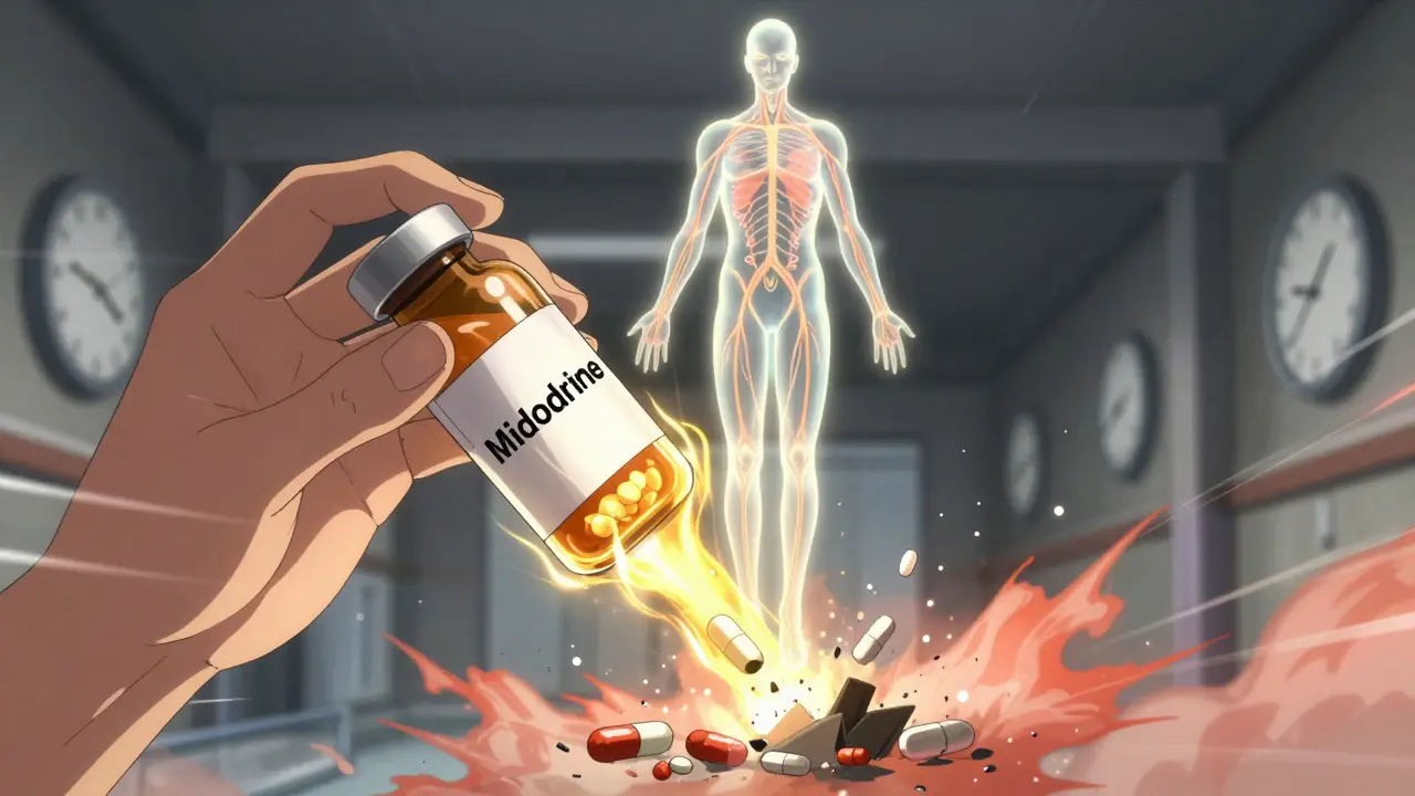 Hand holding midodrine bottle with golden energy restoring circulation, shattered pills crumbling to ash.