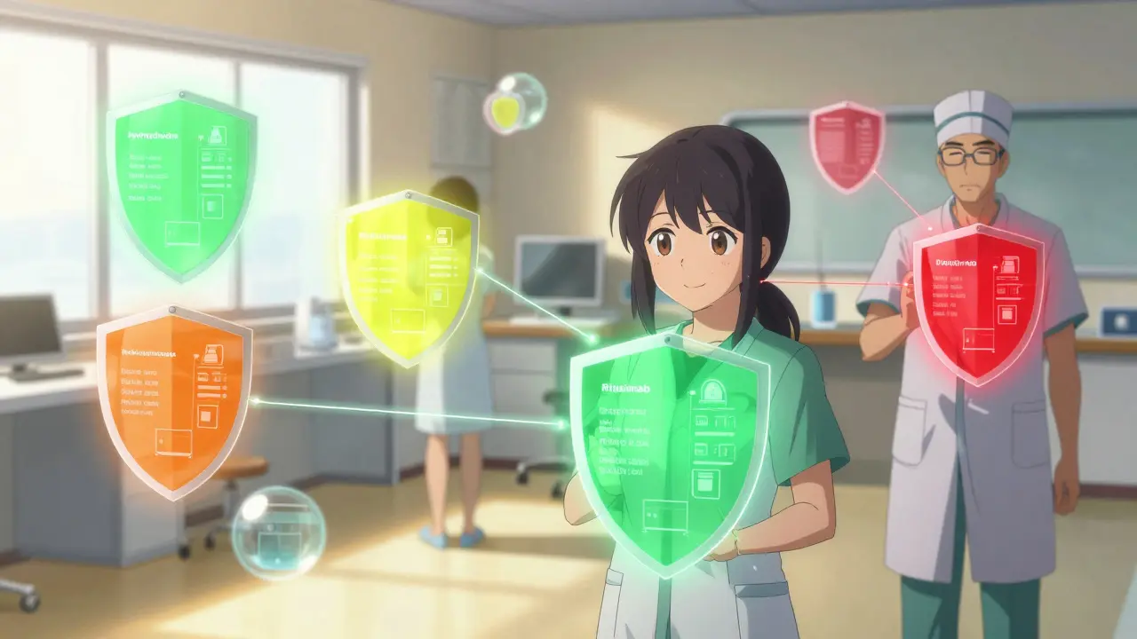 Medical team classifying patients into four risk tiers using holograms, with personalized shields glowing in clinic light.