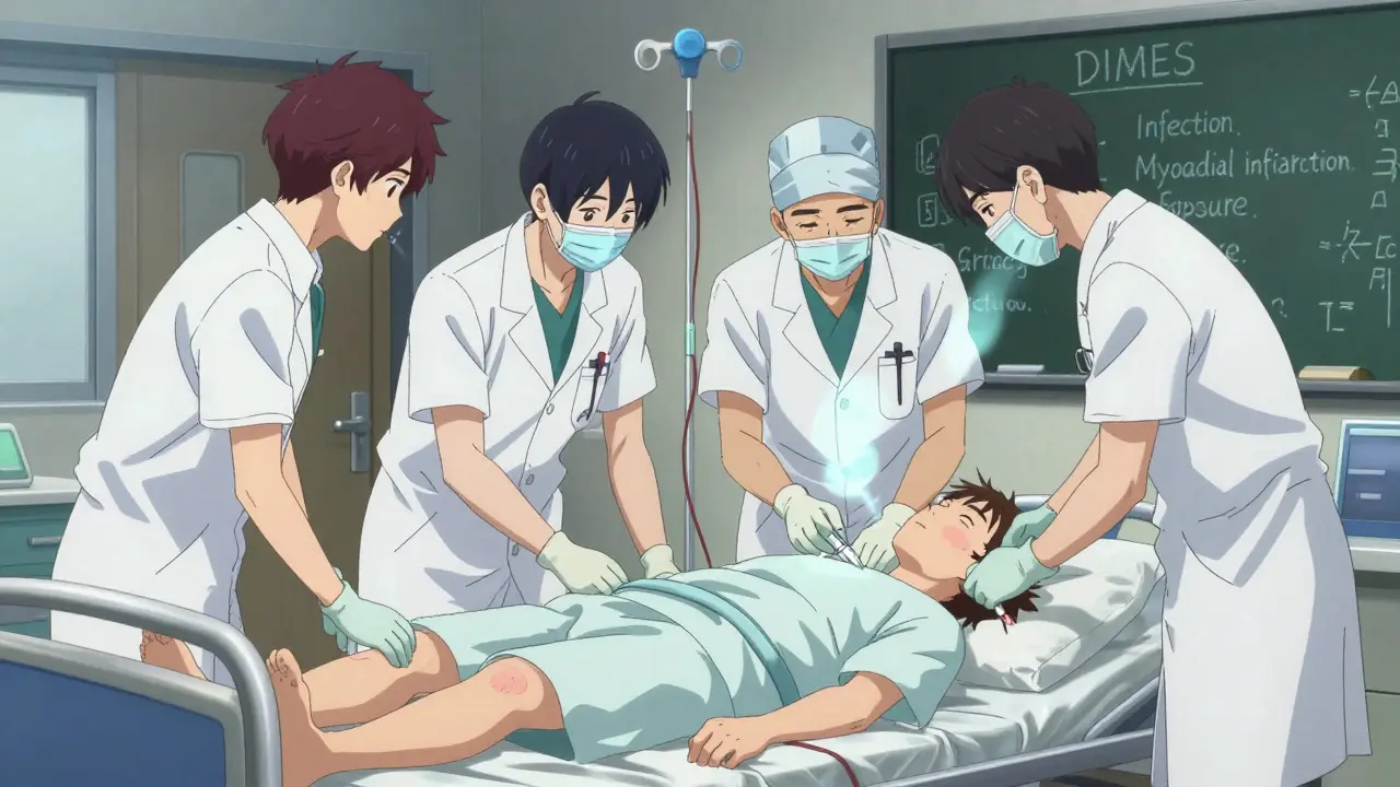 Medical team urgently treating a hypothyroid patient in ER, with DIMES checklist visible, IV lines glowing red against cold blue lighting.