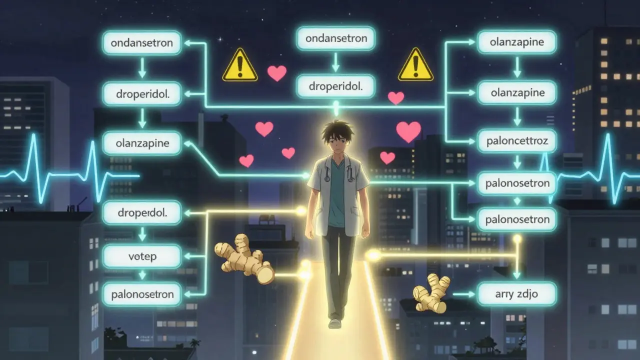 Neon decision tree path through cityscape, patient walking safely on palonosetron route amid warning signs and ECG waves.
