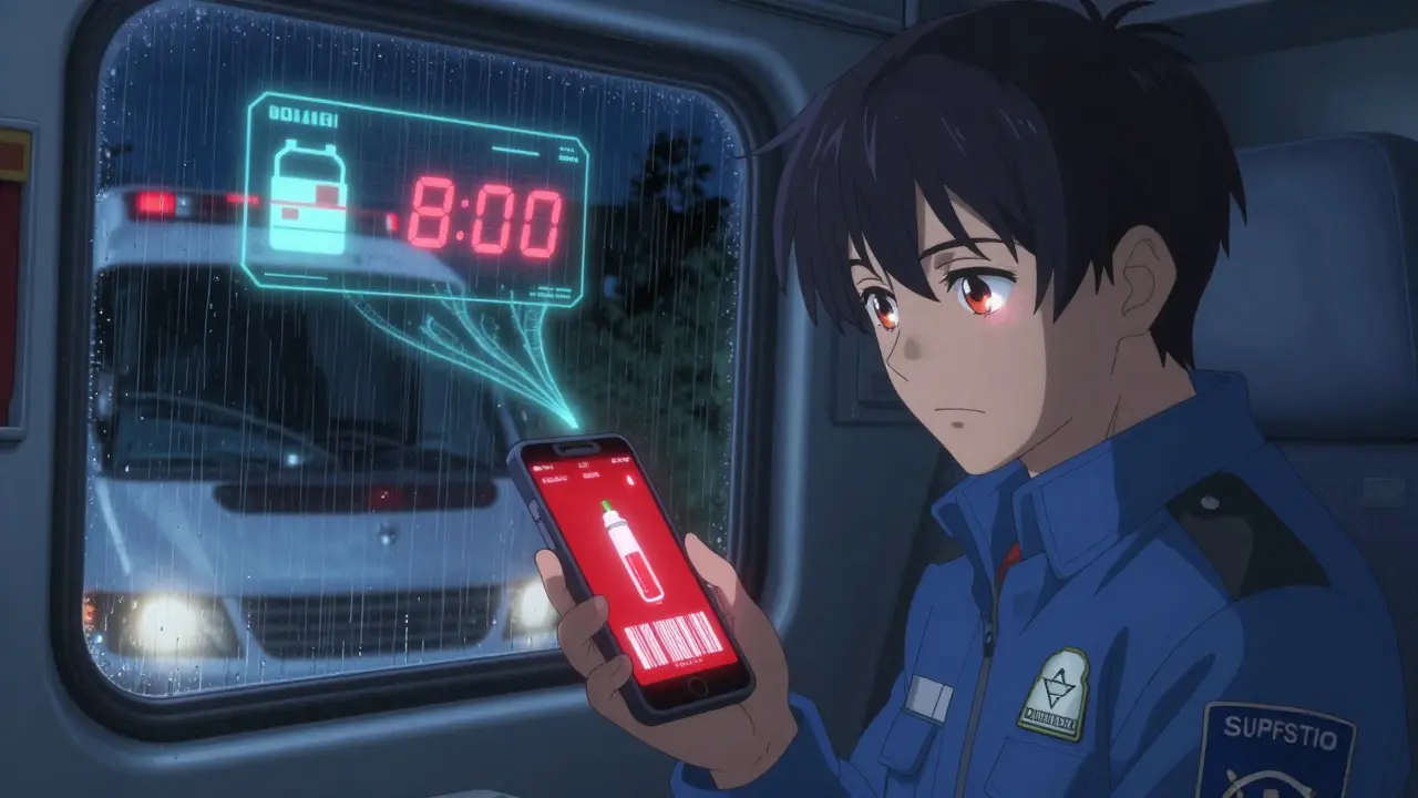 Paramedic in ambulance seeing expired epinephrine alert on smartphone screen at night.