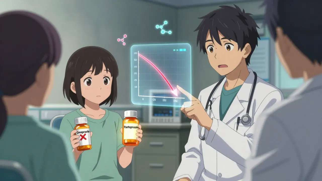 Patient and doctor comparing pill bottles with visual graph of platelet inhibition levels.